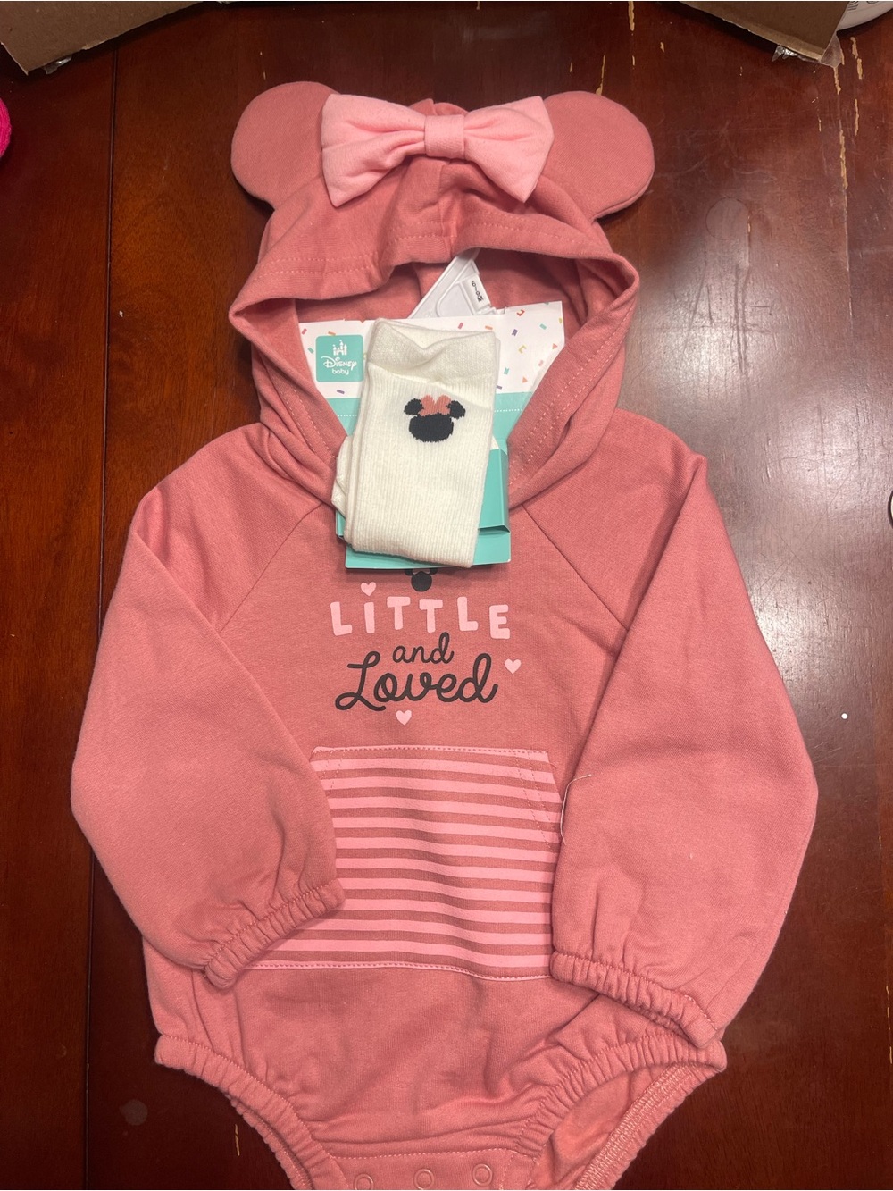 Disney Baby Pink 'Little and Loved' Minnie Hooded Bodysuit
